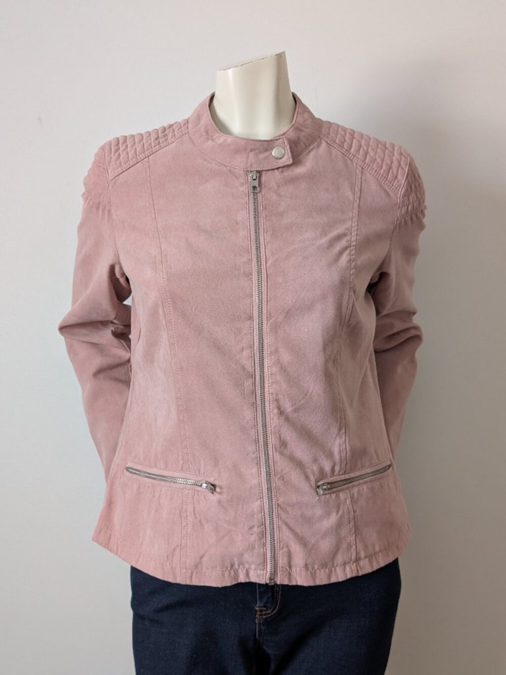 Jacqueline de Yong - Blush Pink Faux Suede Biker Jacket - Size 42 (10us)